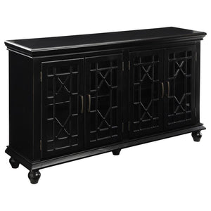 Add a touch of allure to the home with this lovely accent cabinet. It-'s crafted with decorative lattice overlay on each of the four cabinet doors for an enchanting appearance. Each door opens up to inside shelving to accommodate your storage needs. The c