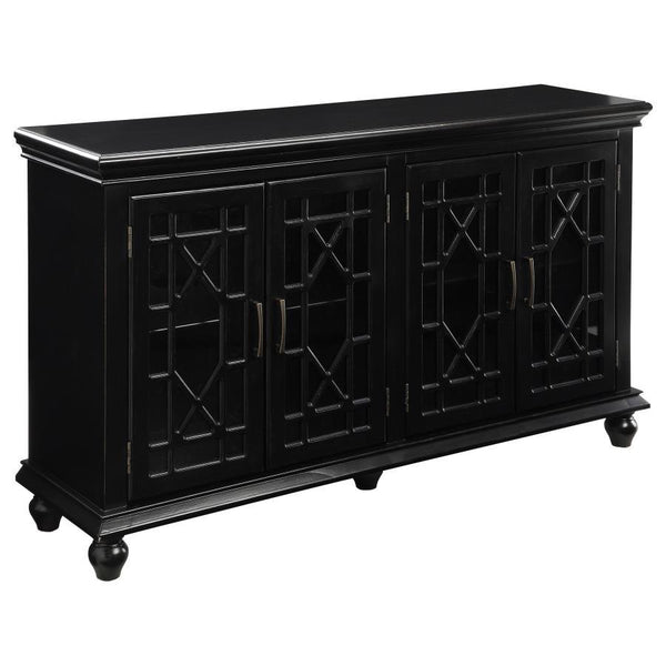 Add a touch of allure to the home with this lovely accent cabinet. It-'s crafted with decorative lattice overlay on each of the four cabinet doors for an enchanting appearance. Each door opens up to inside shelving to accommodate your storage needs. The c