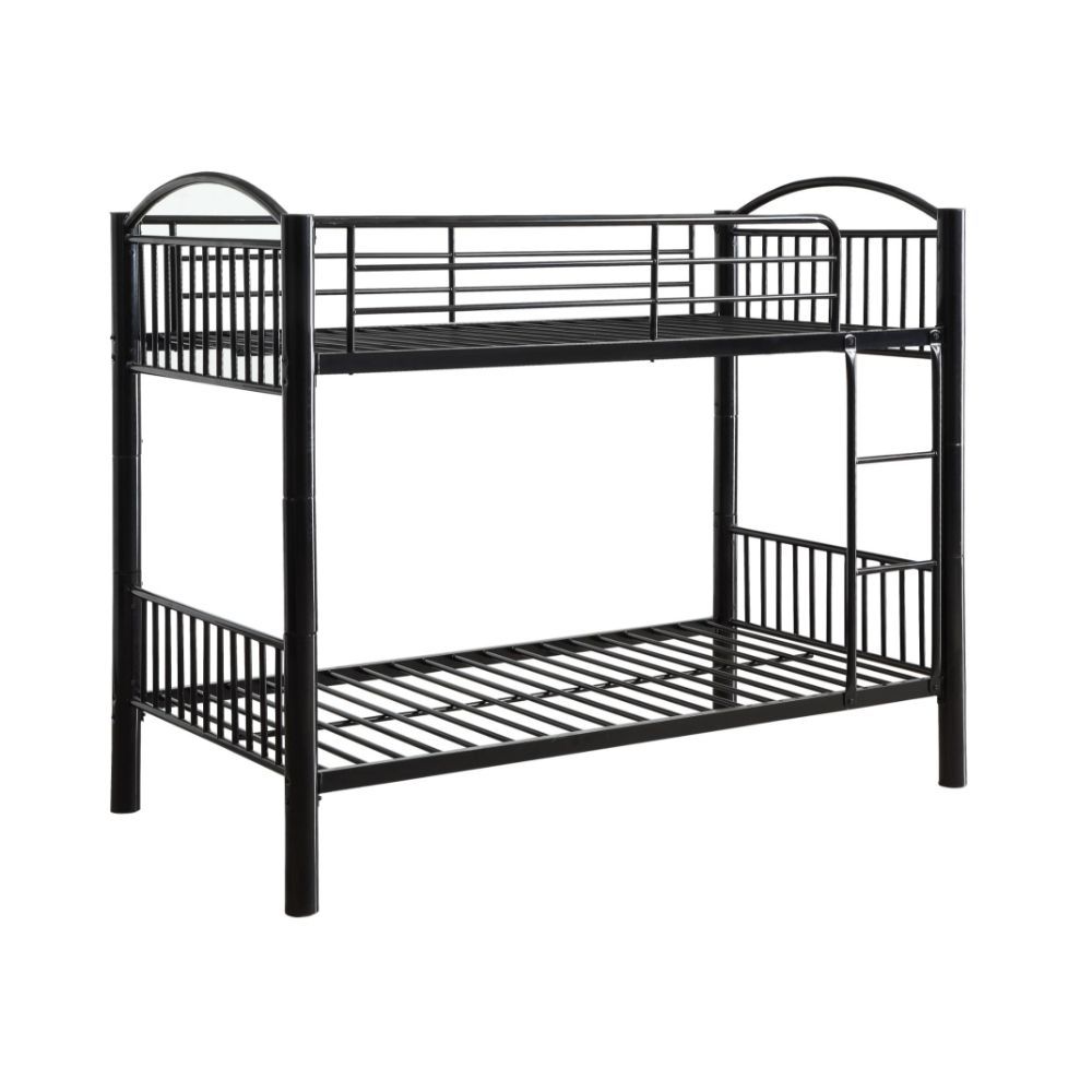The Cayelynn twin over twin bunk bed is a great way to free up space in a kids bedroom. It is a round metal tube design and features a built in ladder to the upper twin bed that also has a guardrail. This bed is available in black and silver.<br/><br/><b>