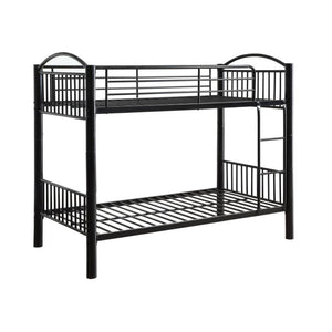 The Cayelynn twin over twin bunk bed is a great way to free up space in a kids bedroom. It is a round metal tube design and features a built in ladder to the upper twin bed that also has a guardrail. This bed is available in black and silver.<br/><br/><b>