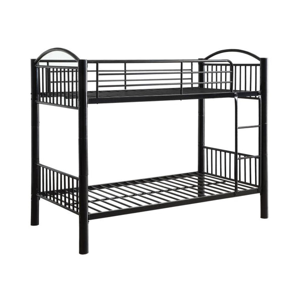 The Cayelynn twin over twin bunk bed is a great way to free up space in a kids bedroom. It is a round metal tube design and features a built in ladder to the upper twin bed that also has a guardrail. This bed is available in black and silver.<br/><br/><b>