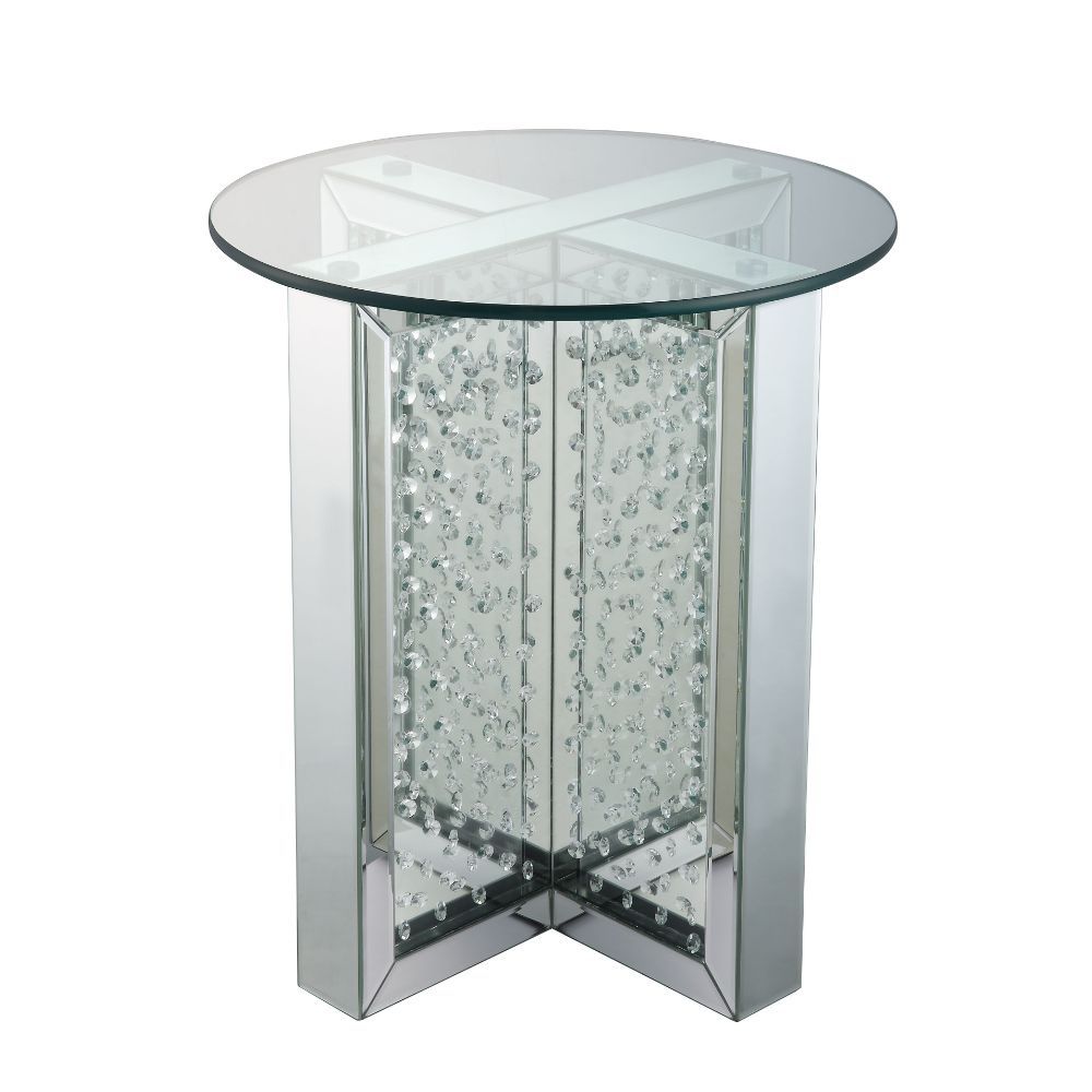 Assambled, Round End Table â€¢ NO Storage â€¢ Glass Top & Mirrored Finish: Beveled with Faux Crystal Inlay â€¢â€¢ CONSTRUCTION â€¢â€¢ Glass Top: 4mm Clear Tempered Glass (Fixed Top/No Apron) â€¢ Mirrored Pedestal: -"X-" Shape Panels with Faux Crystal Inla