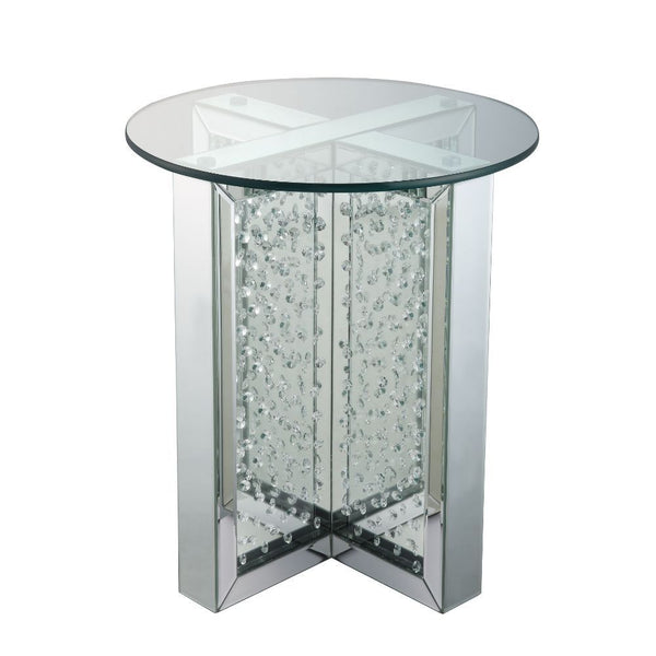  Round End Table â€¢ NO Storage â€¢ Glass Top & Mirrored Finish: Beveled with Faux Crystal Inlay â€¢â€¢ CONSTRUCTION â€¢â€¢ Glass Top: 4mm Clear Tempered Glass (Fixed Top/No Apron) â€¢ Mirrored Pedestal: -"X-" Shape Panels with Faux Crystal Inla