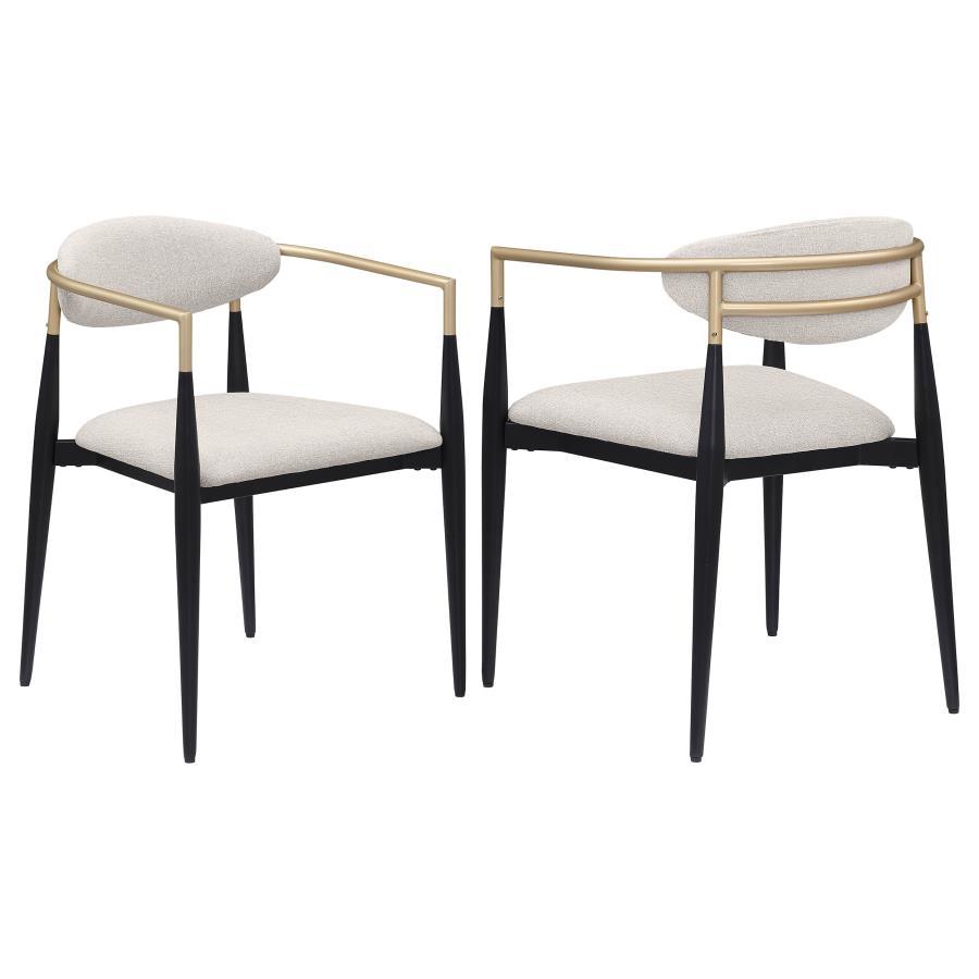 Refresh your dining table with the modern glam flair of a set of two armchairs. Perfect for family and friends, the chair offers impeccable comfort with a padded seat and an oval-shaped backrest with a gentle curvature for excellent support. Its metal fra