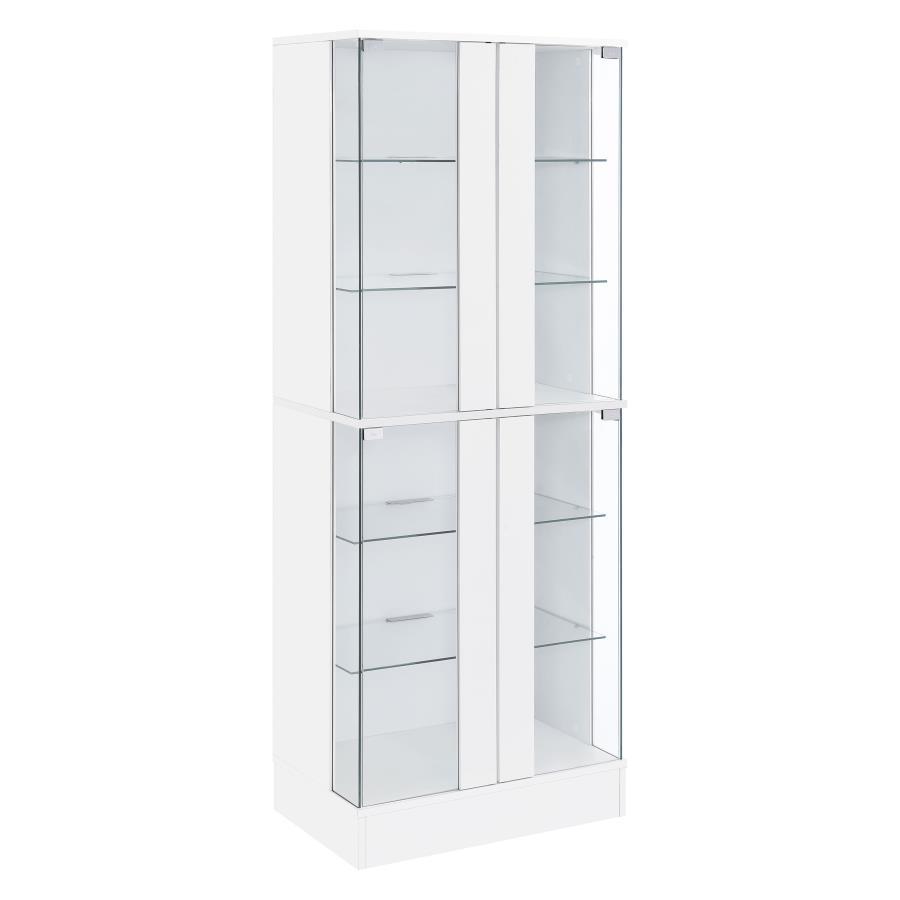 Discover sophistication and functionality fused in this sleek curio display cabinet, a stylish centerpiece for any room. The high gloss laminate on engineered wood gives a luminous sheen, complemented by clear tempered glass doors that encase six tiers of