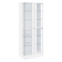 Discover sophistication and functionality fused in this sleek curio display cabinet, a stylish centerpiece for any room. The high gloss laminate on engineered wood gives a luminous sheen, complemented by clear tempered glass doors that encase six tiers of