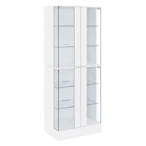 Discover sophistication and functionality fused in this sleek curio display cabinet, a stylish centerpiece for any room. The high gloss laminate on engineered wood gives a luminous sheen, complemented by clear tempered glass doors that encase six tiers of