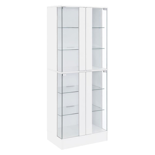 Discover sophistication and functionality fused in this sleek curio display cabinet, a stylish centerpiece for any room. The high gloss laminate on engineered wood gives a luminous sheen, complemented by clear tempered glass doors that encase six tiers of