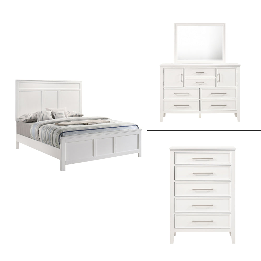 The Andover Wood 4-Piece Bedroom Set in White offers a perfect combination of durability, style, and functionality, making it an ideal choice for a complete bedroom upgrade. This set includes a Panel Bed, Dresser, Mirror, and Chest, all expertly crafted f