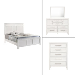 The Andover Wood 4-Piece Bedroom Set in White offers a perfect combination of durability, style, and functionality, making it an ideal choice for a complete bedroom upgrade. This set includes a Panel Bed, Dresser, Mirror, and Chest, all expertly crafted f