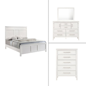 The Andover Wood 4-Piece Bedroom Set in White offers a perfect combination of durability, style, and functionality, making it an ideal choice for a complete bedroom upgrade. This set includes a Panel Bed, Dresser, Mirror, and Chest, all expertly crafted f