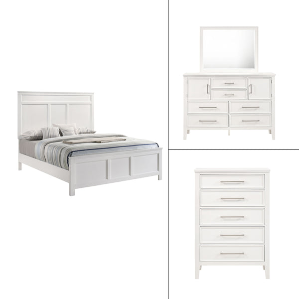 The Andover Wood 4-Piece Bedroom Set in White offers a perfect combination of durability, style, and functionality, making it an ideal choice for a complete bedroom upgrade. This set includes a Panel Bed, Dresser, Mirror, and Chest, all expertly crafted f