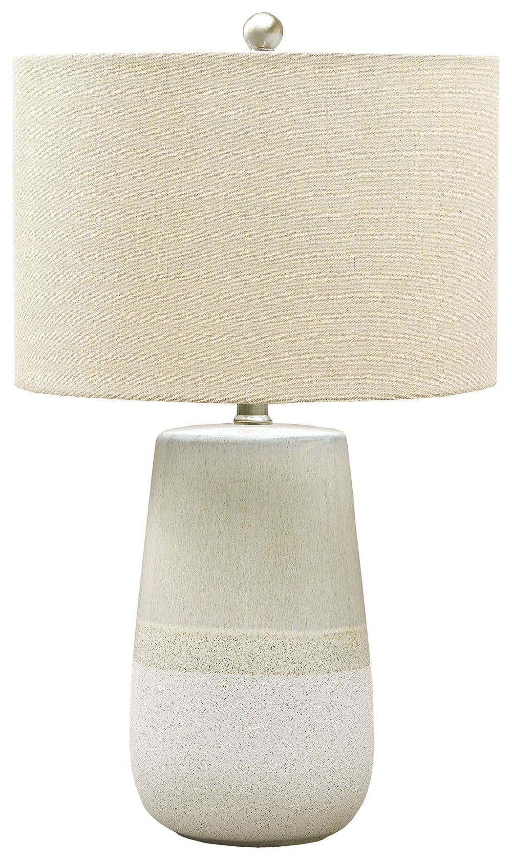 With a textured neutral glaze, this monochromatic table lamp brings thoughts of sun, surf and sand to your space. Turn coastal chic to the contemporary side with this transitional lamp.<br><br><b>Additional Dimensions</b><br><ul><li>Cord length: 96-"</li>