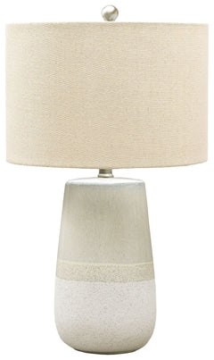With a textured neutral glaze, this monochromatic table lamp brings thoughts of sun, surf and sand to your space. Turn coastal chic to the contemporary side with this transitional lamp.<br><br><b>Additional Dimensions</b><br><ul><li>Cord length: 96-"</li>
