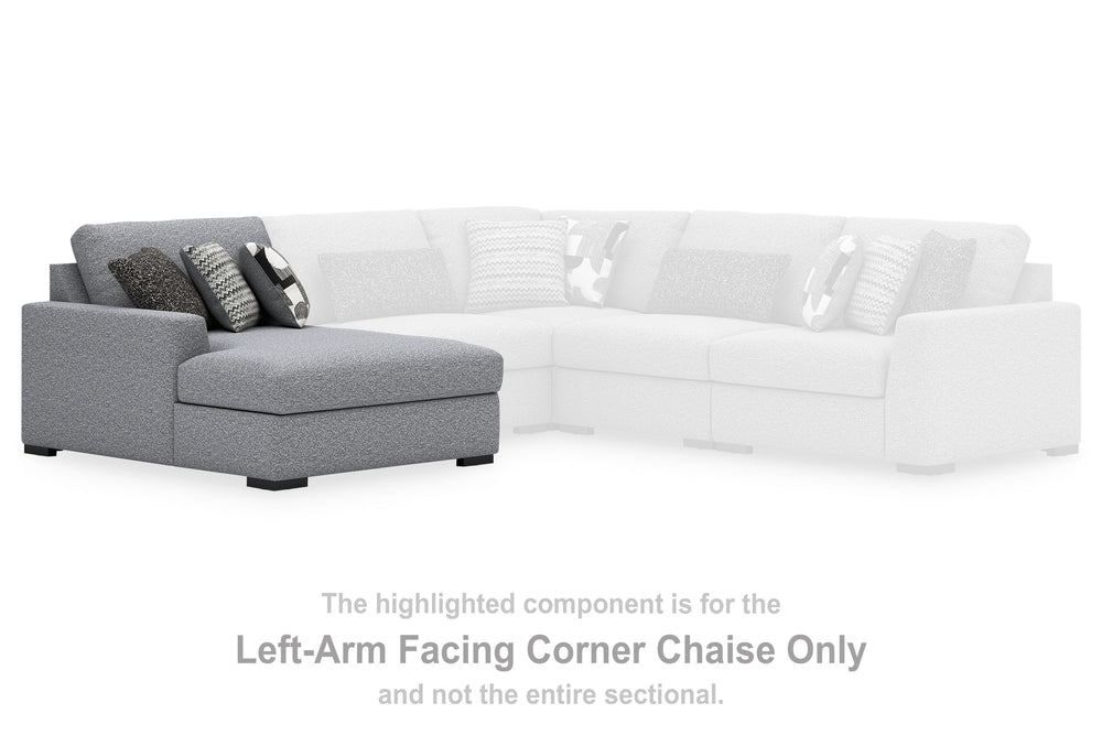 This left-arm facing corner chaise is made with Next-Gen Nuvellaâ„¢ (polyester) fade-resistant, washable fabric. Fully finished on all sides, it pairs with other items in the series to make a modular sectional.<br><br><b>Additional Dimensions</b><br><ul><