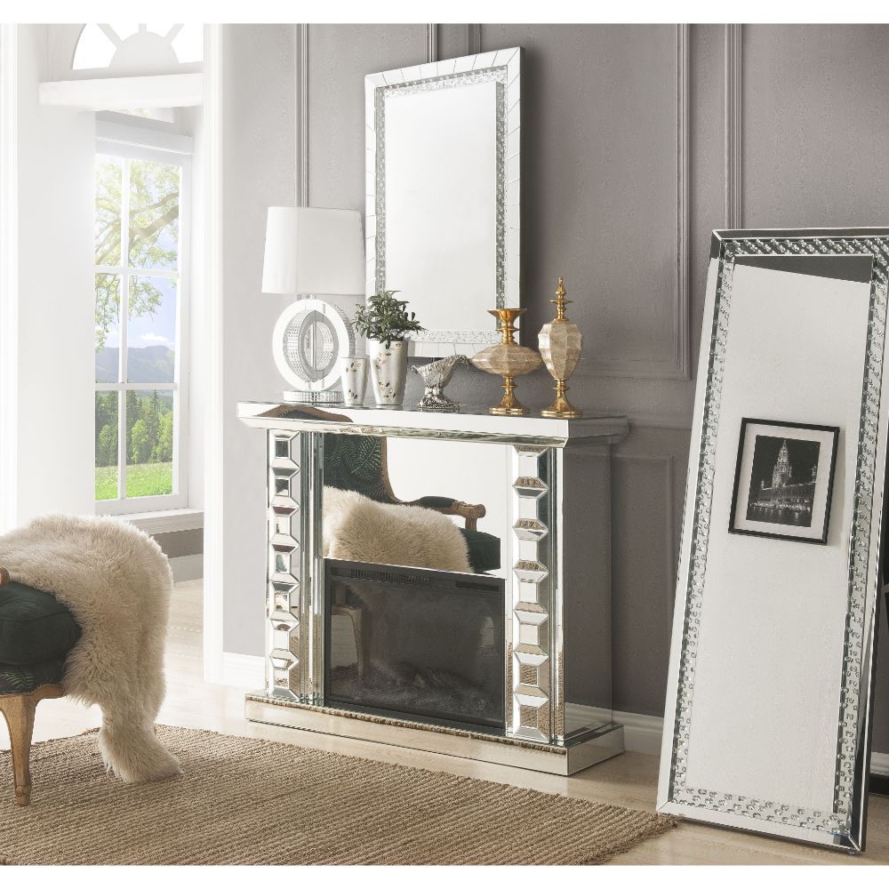 Assambled, Rectangular Fireplace Beveled Mirrored Finish, Clear Glass with Faux Crystal Inlay (Back Unfinished) Orientation: Free Standing NO Storage Specifications: Electric Fireplace (LED), BTU Output: 4777 BTU-'s, Heating Area: 400 sq ft Touch Control 