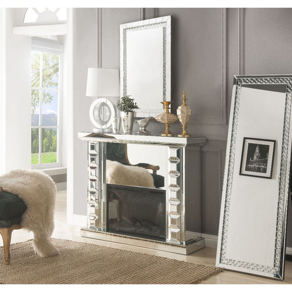Assambled, Rectangular Fireplace Beveled Mirrored Finish, Clear Glass with Faux Crystal Inlay (Back Unfinished) Orientation: Free Standing NO Storage Specifications: Electric Fireplace (LED), BTU Output: 4777 BTU-'s, Heating Area: 400 sq ft Touch Control 