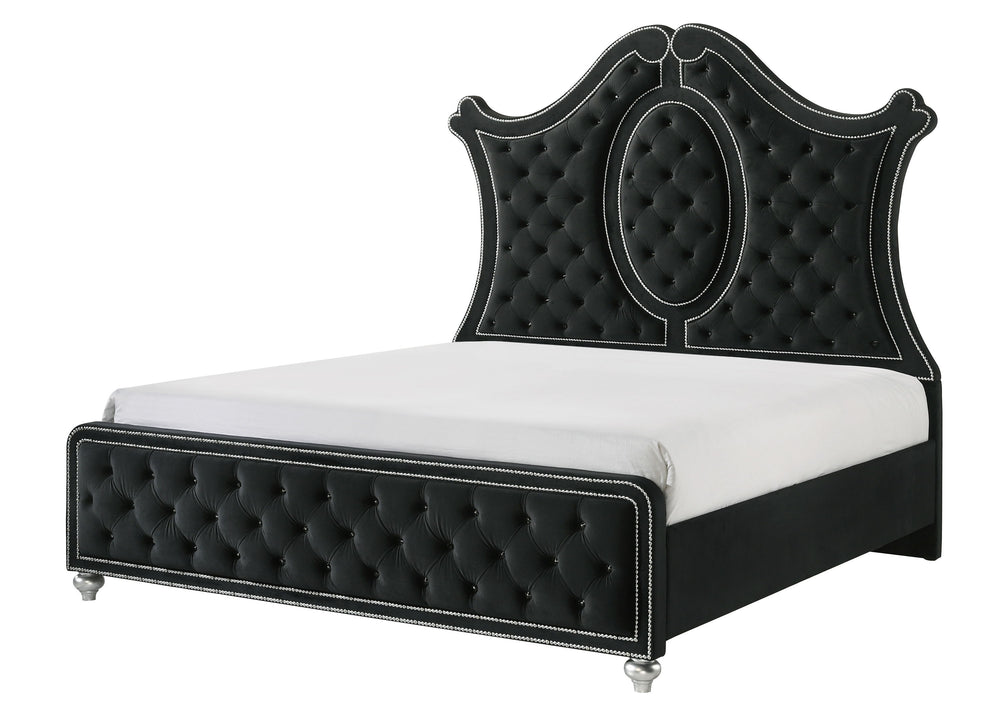 Indulge in timeless elegance and dramatic sophistication with this stunning bedroom collection, designed to make a bold statement. The centerpiece features an exquisitely tufted headboard with luxurious upholstery and intricate nailhead trim, exuding opul