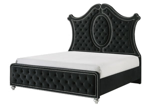 designed to make a bold statement. The centerpiece features an exquisitely tufted headboard with luxurious upholstery and intricate nailhead trim