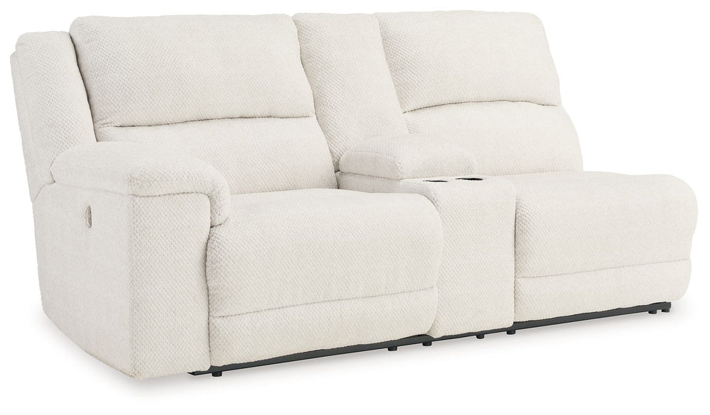 This left-arm facing power reclining loveseat with console is made with polyester upholstery. Pairs with other items in the series to make a sectional.<br><br><b>Additional Dimensions</b><br><ul><li>Arm height: 26-"</li><li>Seat depth: 22-"</li><li>Seat h
