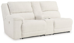 This left-arm facing power reclining loveseat with console is made with polyester upholstery. Pairs with other items in the series to make a sectional.<br><br><b>Additional Dimensions</b><br><ul><li>Arm height: 26-"</li><li>Seat depth: 22-"</li><li>Seat h