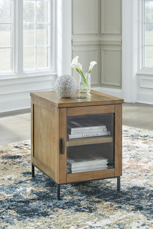  this chairside end table is a sleek complement to your casual contemporary living room. Youâ€™ll love the refined-yet-relaxed vibe of its contrasting medium brown finish and matte black legs. Simultaneously store and display decor b