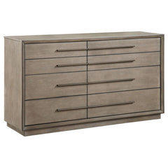 An asymmetric centerline creates a touch of artistry for this transitional eight-drawer dresser. Designed for spacious storage of clothing and accessories, it features drawers of varying sizes, creating easy organization. A Taupe oak wood finish is soft a