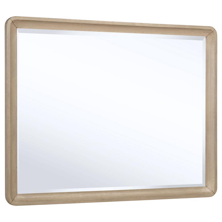 This rectangular dresser mirror adds modern sophistication to your space with its clean lines and light elm wood frame. Rounded edges soften its contemporary design, making it a versatile addition to any room. Built with sturdy materials, this mirror is a