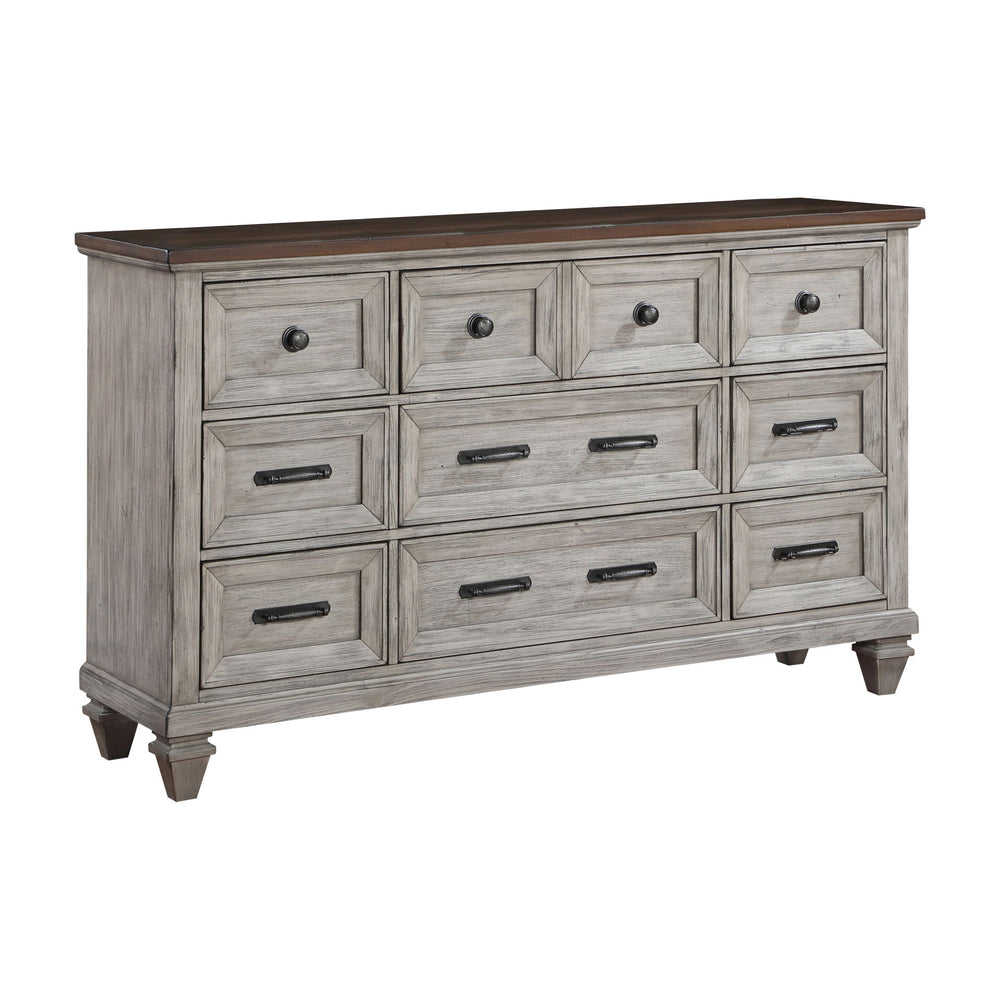 The Mariana 9-Drawer Dresser is a masterpiece of timeless craftsmanship and versatile design, making it a stunning addition to any bedroom. Skillfully crafted from solid Acacia wood and Acacia veneers, this dresser features a rich, hand-distressed Vintage
