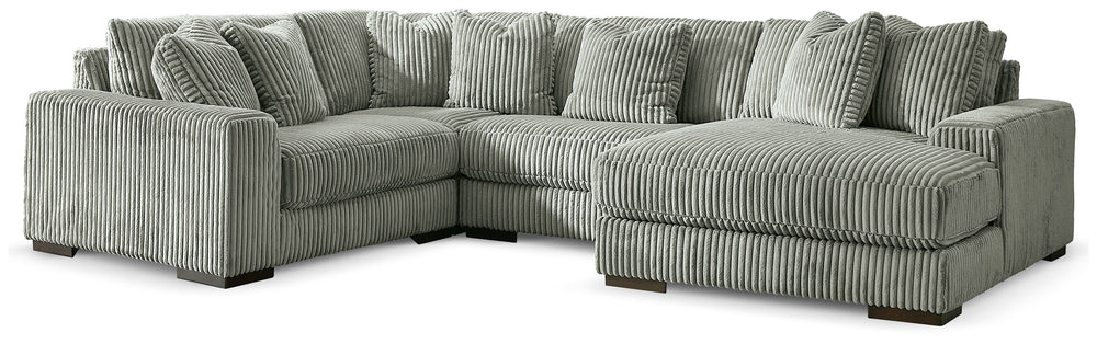 Plush and posh. Showcase your eye for on-trend texture with the statement-making cord upholstery of this sectional with chaise. Its stunningly soft fabric entices in a warm neutral hue, complementing contemporary color palettes. Sink into the cushions and