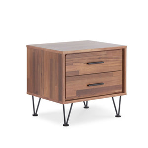 Featuring a unique leg design, the Deoss night stand is functional as an end table too. The mixture of natural walnut and black metal hardware and leg adds a lot of style to this 2 drawer night stand. It will be the great additional to your bedroom.<br/><