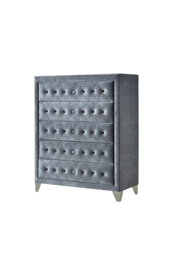 5 Drw Drawer: Velvet Padded Fronts, GLIDE Side Metal (2/3 Ext.), DOVETAIL English Front & Back, NOT FELT-LINED, Safety Stop, Manual Close, Hardware: Single Pull Crystal-Like Knob (Plastic, Removable) CONSTRUCTION: Fully Padded Case Wooden Inner Frame: Woo
