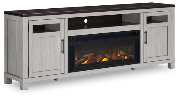 Make a farmhouse-inspired statement with this TV stand. Itâ€™s beautifully crafted to stand the test of time, with a planked effect and clean two-tone finish that lend a relaxing vintage feel. With two cabinets (each with an adjustable shelf) and an open 