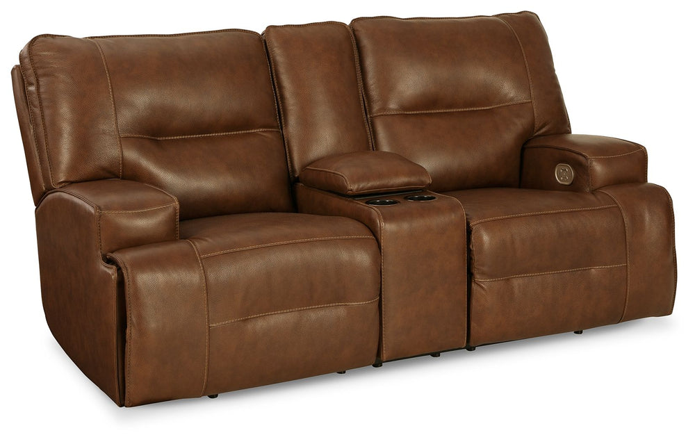 Master statement-making contemporary comfort with this power reclining loveseat. It displays a striking yet streamlined profile, with expertly matched leather and faux leather upholstery in an auburn hue balancing natural beauty and refined design. Adjust