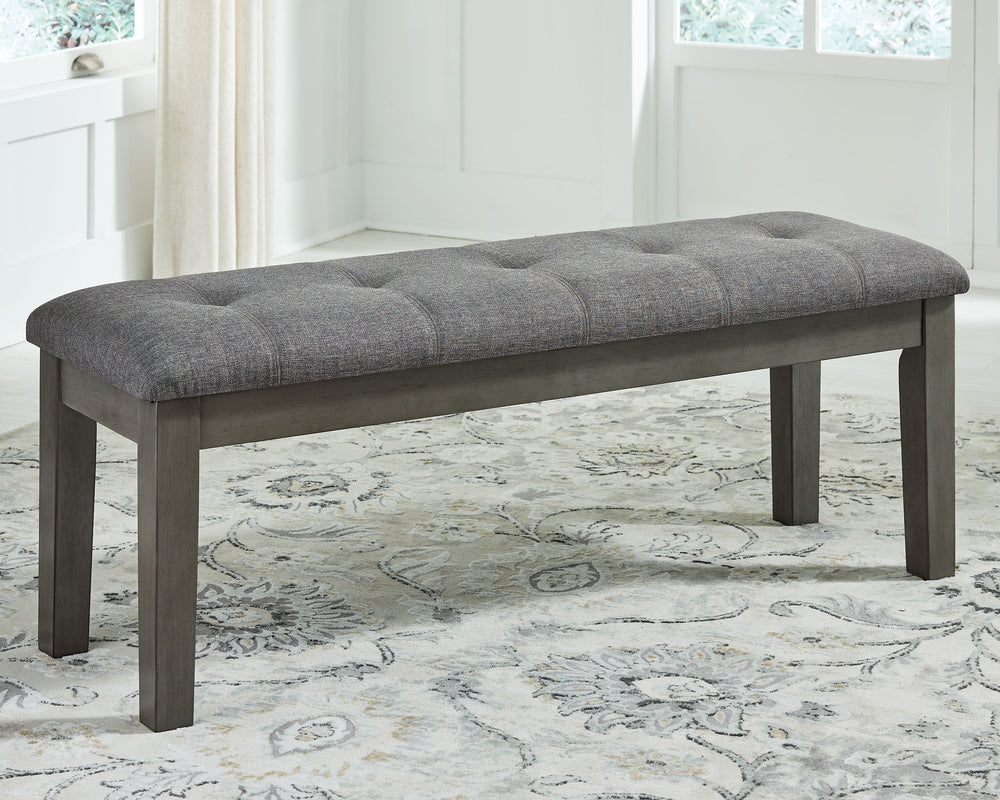 Cool and on-trend. This dining bench sports a two-tone gray look for a contemporary-yet-casual feel. The cushioned foam seat in a gray textural fabric pairs seamlessly with the antiqued gray finish, providing you with a super-stylish and versatile seating