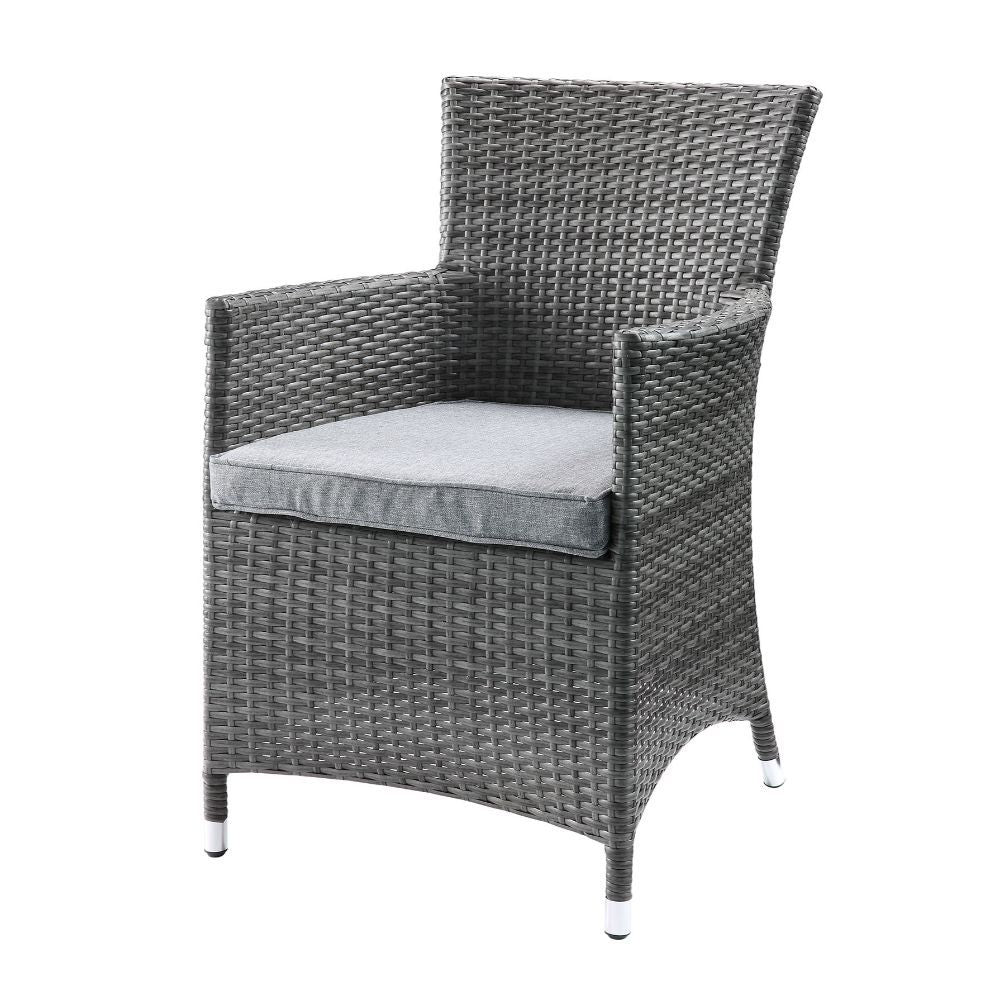 Assambled, 3Pc Pack: 2 Arm Chairs & Side Table NO Storage Trapezium Table w/Glass Top Arm Chairs (High Backrest) Stationary Seat: Standard Dining Height Padded Seat: Gray Fabric, Reversible Cushion, Water Resistant (Removable Cover-Zipper), Cushion Size: 