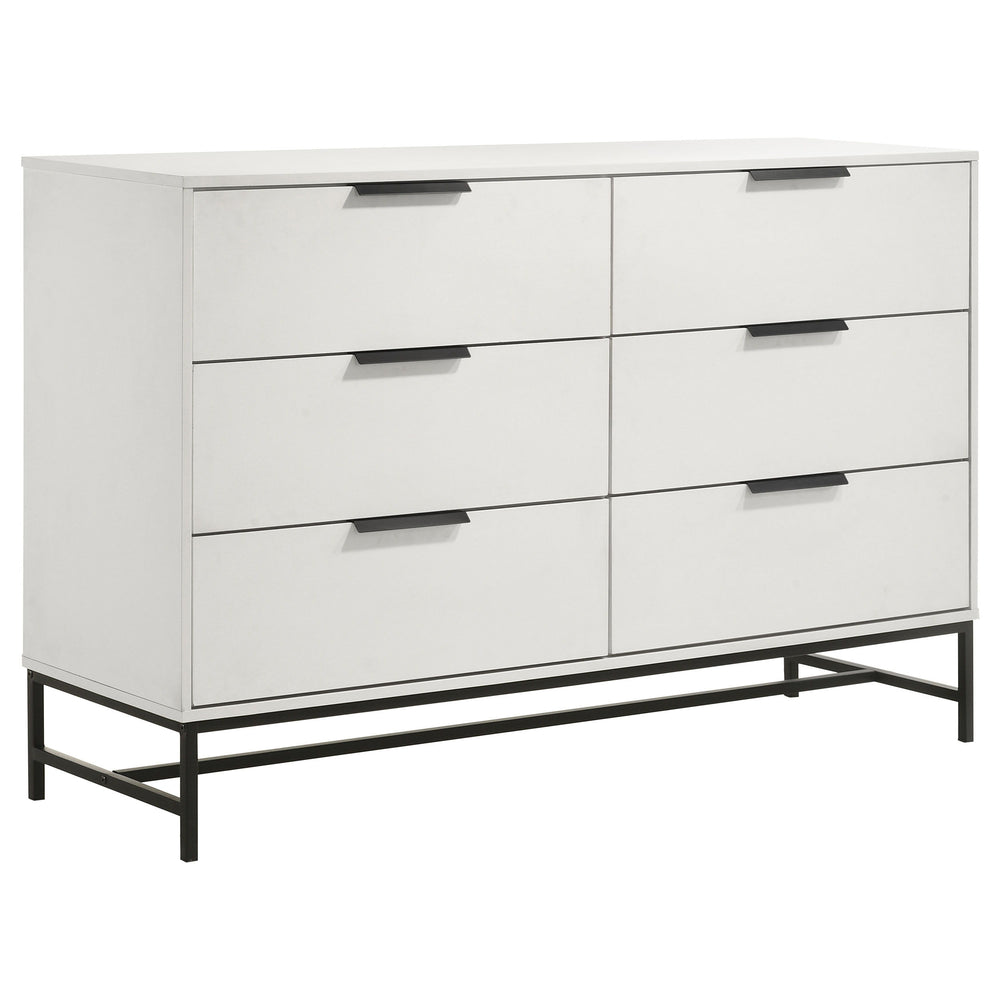 Fresh white brings bright, contemporary appeal to a modern six-drawer dresser. Perfect for a refined or casual bedroom space, it features a melamine finish that-'s durable and resistant to damage, great everywhere from master suite to a kid-'s bedroom. Ea