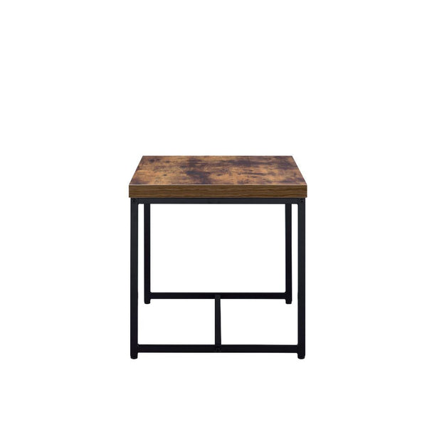  with its industrial looks and the mixing of black metal with weathered oak. The thicker wood top is supported by lighter scaled black metal lags and an stretcher which assures for a s