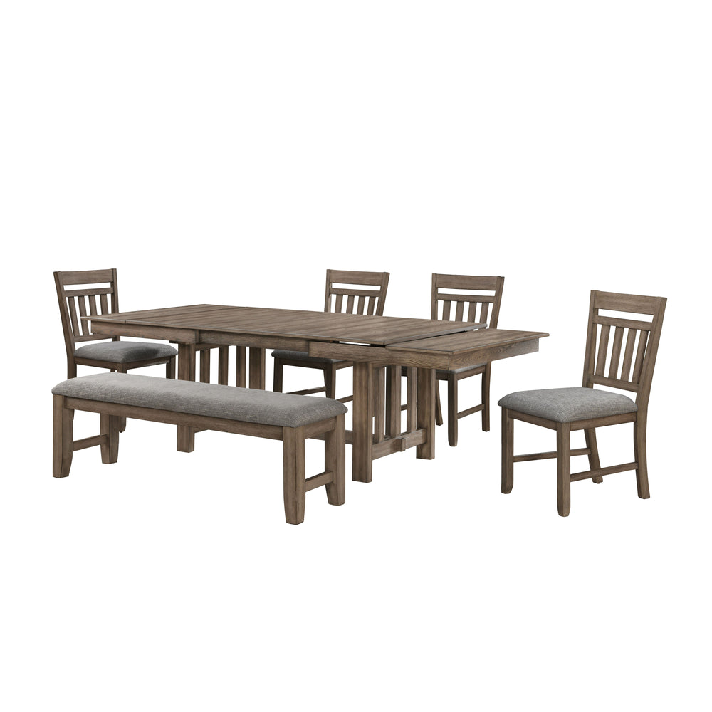 The Harrisburg 5-Piece Dining Set, meticulously crafted from solid rubberwood, manufactured woods, and oak veneers, is designed for longevity and style. It includes a robust dining table, four side chairs, and a spacious dining bench, all finished in a ri