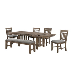 The Harrisburg 5-Piece Dining Set, meticulously crafted from solid rubberwood, manufactured woods, and oak veneers, is designed for longevity and style. It includes a robust dining table, four side chairs, and a spacious dining bench, all finished in a ri
