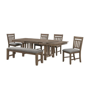 The Harrisburg 5-Piece Dining Set, meticulously crafted from solid rubberwood, manufactured woods, and oak veneers, is designed for longevity and style. It includes a robust dining table, four side chairs, and a spacious dining bench, all finished in a ri