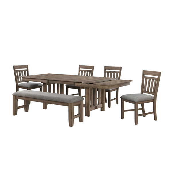 The Harrisburg 5-Piece Dining Set, meticulously crafted from solid rubberwood, manufactured woods, and oak veneers, is designed for longevity and style. It includes a robust dining table, four side chairs, and a spacious dining bench, all finished in a ri