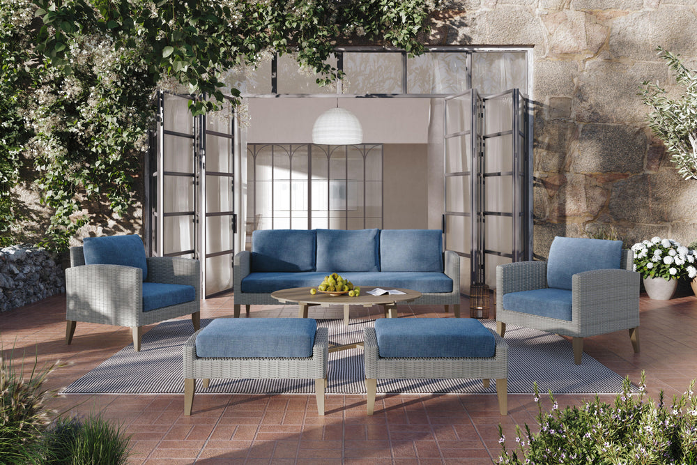 Introducing the 5 Piece Carezza Outdoor Collection, where durability meets comfort in a seamless blend of style and functionality. The set includes a roomy three seater sofa, 2 comfortable club chairs and 2 oversize stools. Crafted with precision using FS