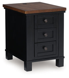 Raise the bar on modern farmhouse style with this chairside end table. Its sturdy silhouette and casual good looks are accentuated with a two-tone finish, which pairs a warm satin black base with a contrasting butcher block veneer top. Spacious storage dr