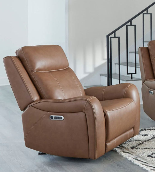 Covered in rich Butternut leather with a custom match, the Haywood Power Recliner offers the ultra comfortable feel of a classic recliner with updated modern touches. Bold padded contoured arms add an element of softness while the contrasting decorative s