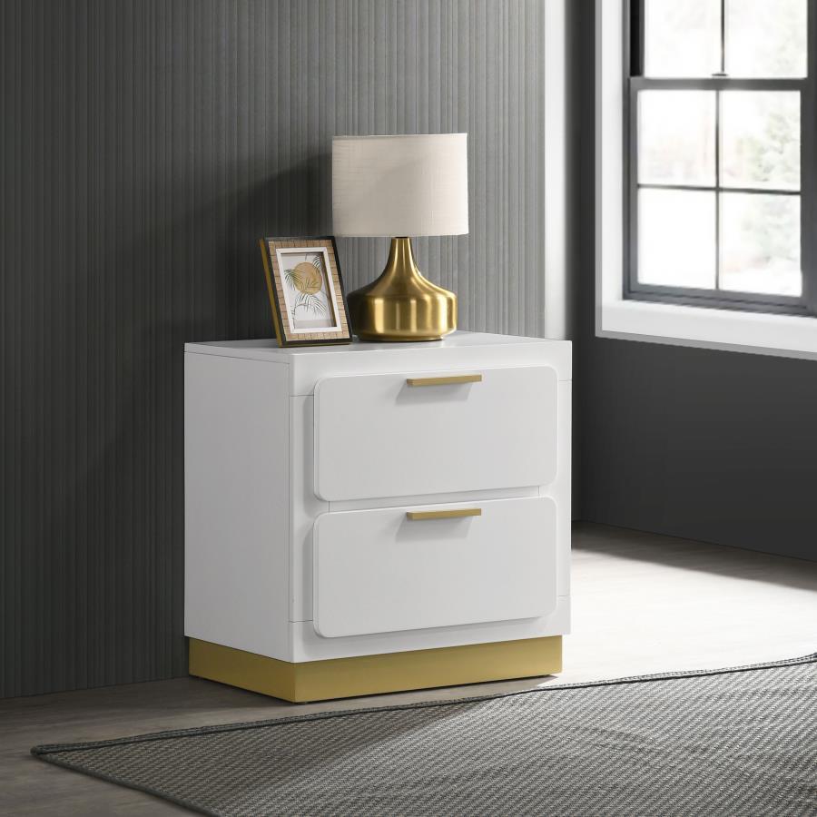 Put the finishing touches on a chic bedroom with a modern two-drawer nightstand. In white with metallic gold embellishments, it-'s the perfect solution for nighttime storage. Drawer fronts feature rounded corners for a softened look and feel. Use the top 