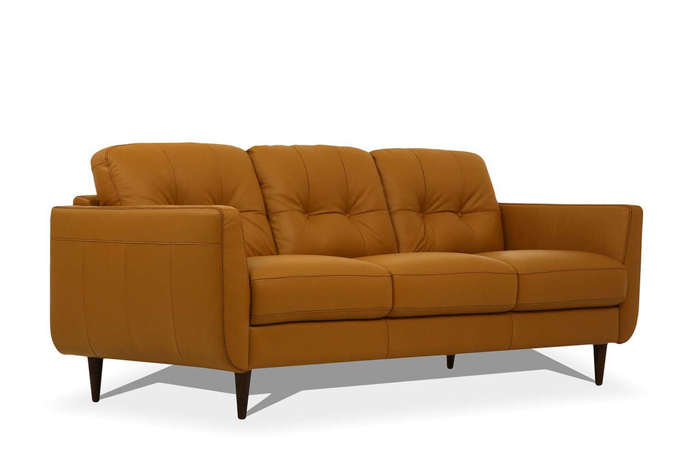 Combining the stunning visual effect of art with lines and comfort, the Radwan sofa set is one youâ€™ll want to spend lots of time in. This beautiful caramel or pesto green leather sofa features button tufted cushions with contrast tone stitching and uniq
