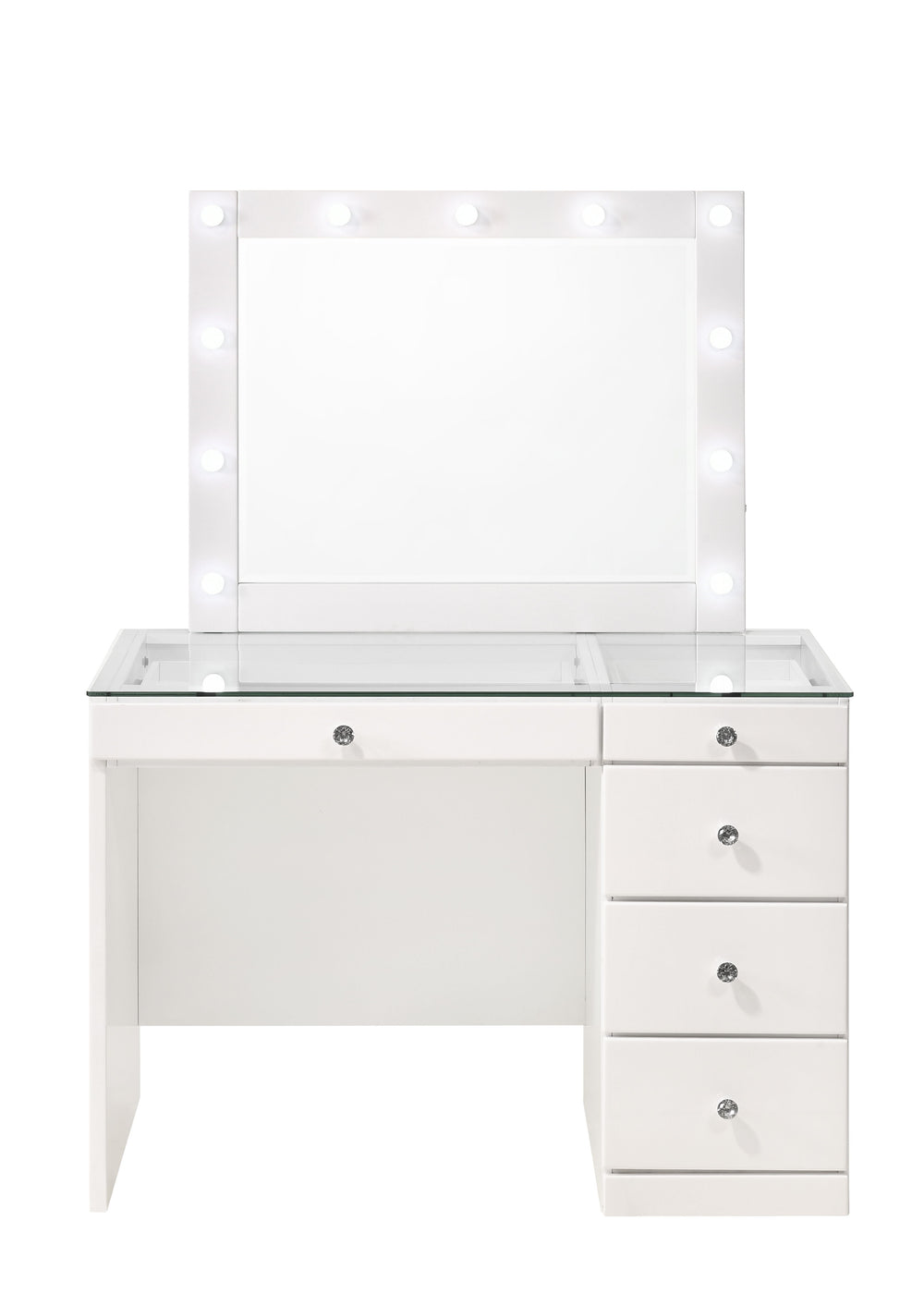 Morgan - Vanity DeskWith Glass Top And LED Mirror - White<h4><b>Morgan - Vanity Base - White</b></h4> <table width="100%"><colgroup><col style="width: 30%"> <col style="width: 70%"> </colgroup> <tbody> <tr> <td>Dimensions</td> <td> 44.00"L x 23.25"D x 31.