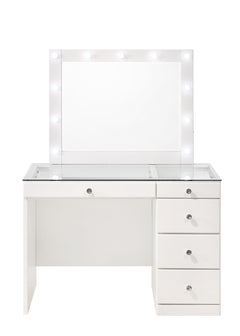 Morgan - Vanity DeskWith Glass Top And LED Mirror - White<h4><b>Morgan - Vanity Base - White</b></h4> <table width="100%"><colgroup><col style="width: 30%"> <col style="width: 70%"> </colgroup> <tbody> <tr> <td>Dimensions</td> <td> 44.00"L x 23.25"D x 31.