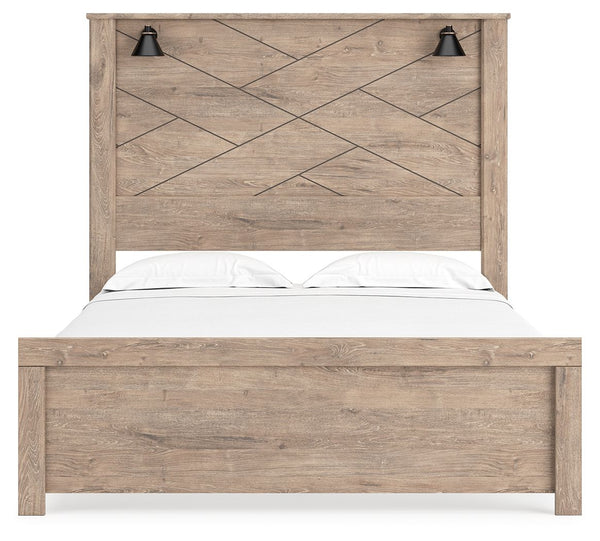Senniberg - Light Brown / White - Queen Panel Bed with Sconce Lights